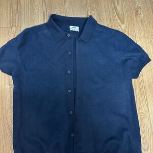 Jason Wu Slim Fit Navy Blue Wool Shot Sleeve Button-Up Shirt
